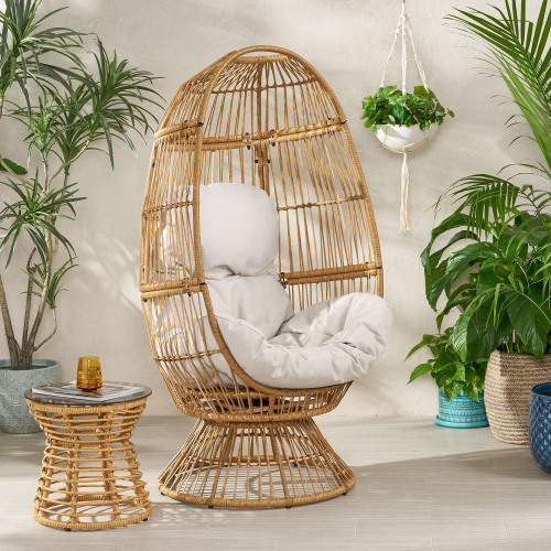 Reseda Light Brown Fabric Swivel Patio Egg Chair, 30.5 x 28 x 58 in