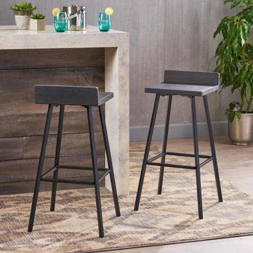 Jut Outdoor Barstool, Grey and Black Acacia Wood, 17.25 x 17.25 x 33 in