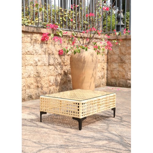 Beige Aluminium Patio Coffee Table with Glass Top, 27.2 x 23.6 x 13 in