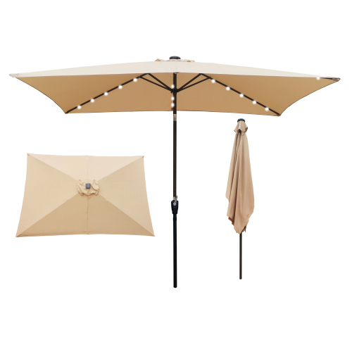 Tan 10 x 6.5 ft Rectangular Metal Solar LED Umbrella with Crank