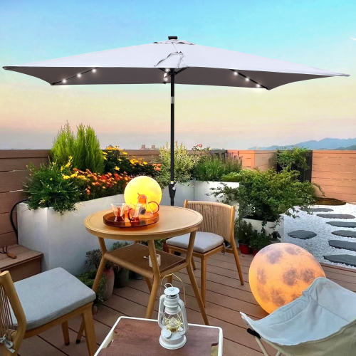 10' x 6.5' Light Slate Grey Steel Solar LED Rectangular Patio Umbrella