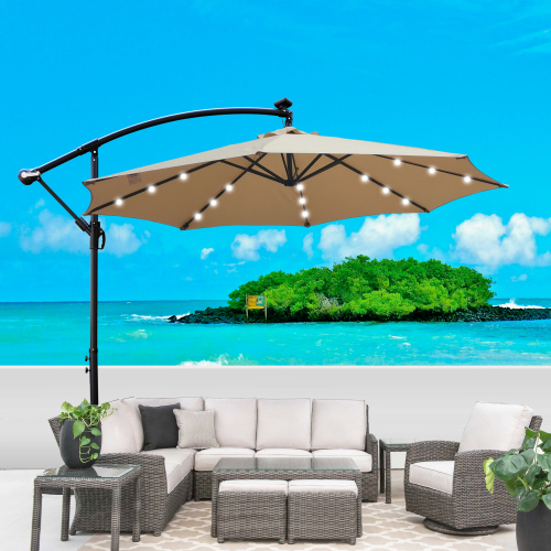 Tan 10-Foot Steel Patio Umbrella with Solar LED Lighting and Crank