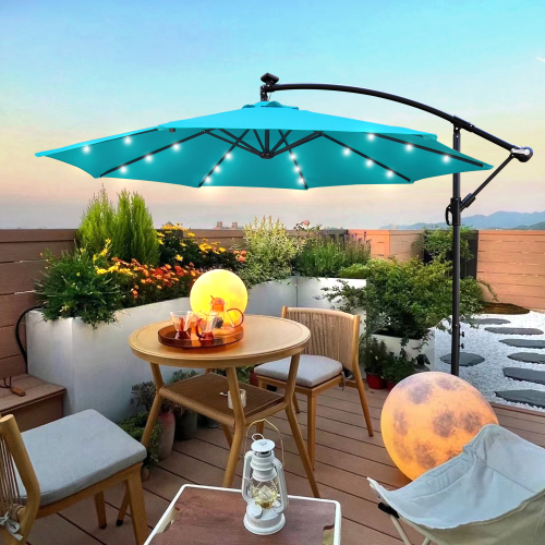 10-ft Turquoise Steel Patio Umbrella with Solar LED Lights and Crank
