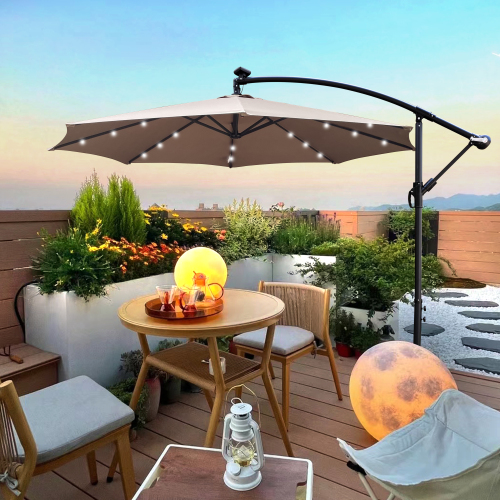 10-Ft Mushroom Polyester & Steel Solar LED Patio Umbrella with Cross Base