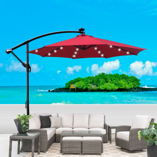 10-Ft Red Metal Patio Umbrella with Solar LED Lights and Cross Base