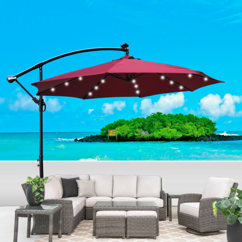 10-Ft Burgundy Steel Patio Umbrella with Solar LED Lights and Crank