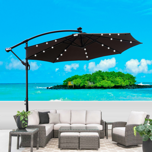 10-ft Chocolate Steel Patio Umbrella with Solar LED Lights and Crank