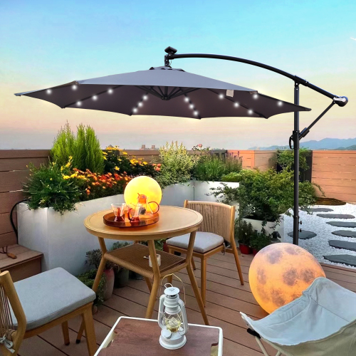 10-ft Medium Grey Steel Patio Umbrella with Solar LED Lights, 8-Rib