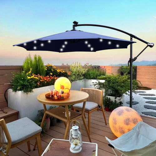 10-ft Navy Blue Steel Outdoor Patio Umbrella with LED Lights