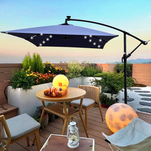 2 x 3M Navy Blue Steel Patio Umbrella with Solar LED Lights