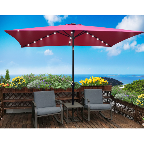 Tan 10 x 6.5 ft Metal Solar LED Patio Umbrella with Crank Tilt