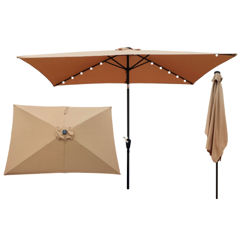 10' x 6.5' Tan Metal Rectangular Solar LED Market Patio Umbrella
