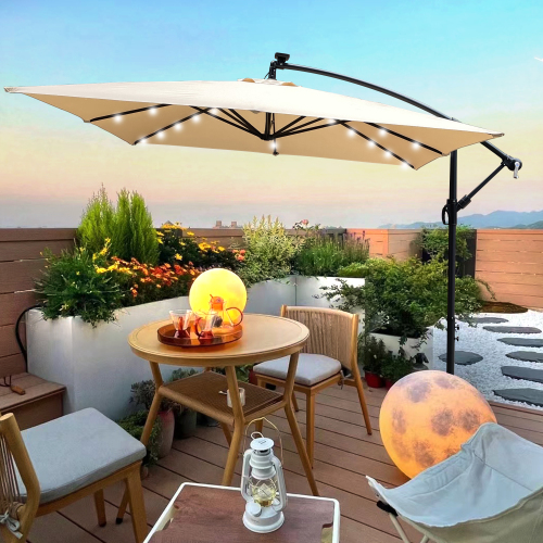 Tan 2.5m Square Steel Patio Umbrella with Solar LED Lights and Base