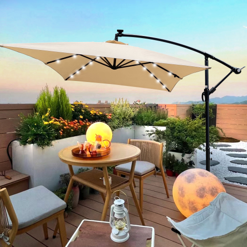 Tan 2 x 3M Rectangular Steel Patio Umbrella with Solar LED Lights