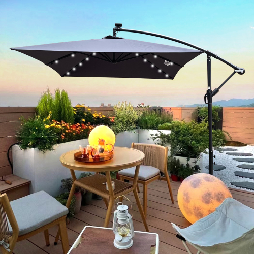 2x3M Anthracite Steel Patio Umbrella with Solar LED Lights, Crank