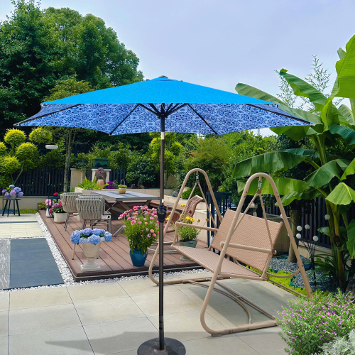 9-Foot Blue Striped Round Metal Patio Umbrella for Outdoor Spaces