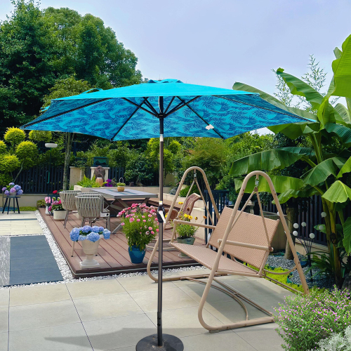9-Foot Round Metal Garden Umbrella, Cyan Ice Pattern, Blue Striped