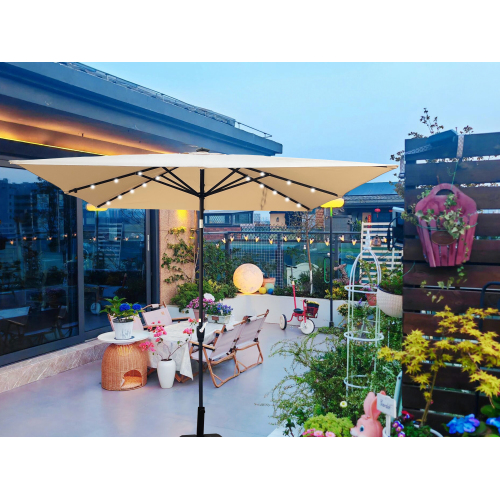 2.5M Square Tan Steel Patio Umbrella with Solar LED Lights