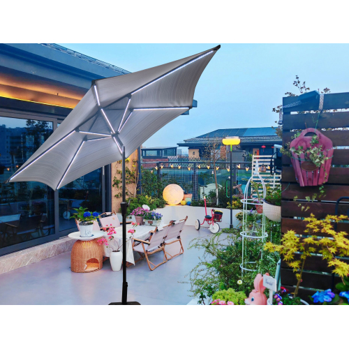 9-Foot Red Striped Round Metal Outdoor Patio Umbrella with Light