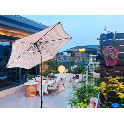 9-Ft Red Striped Metal Round Outdoor Patio Umbrella with Light