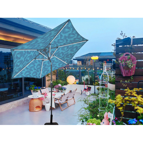 9-Foot Cyan Pattern Round Metal Outdoor Patio Umbrella with Lights