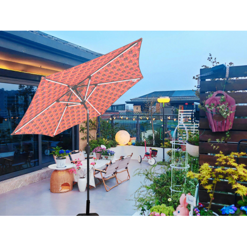9-Foot Orange Patterned Metal Round Patio Umbrella with Lights