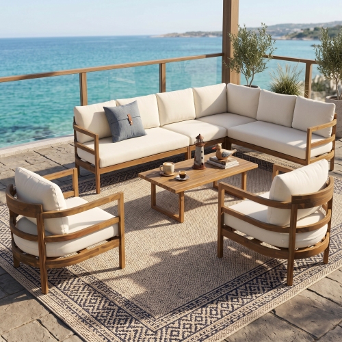 7-Seat Acacia Wood Outdoor Sectional Sofa Set in Light Brown