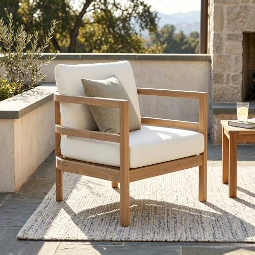 Light Brown Acacia Wood Outdoor Lounge Chair with Waterproof Fabric