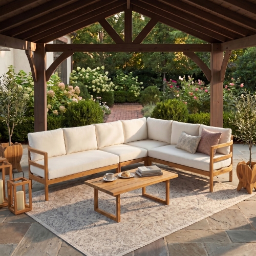 5-Seat Light Brown Acacia Wood Patio Sofa Set with Waterproof Fabric