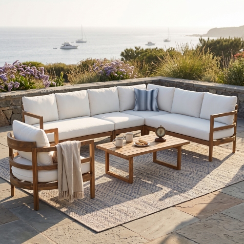 Light Brown Acacia Wood 6-Seater Outdoor Patio Sectional Sofa Set