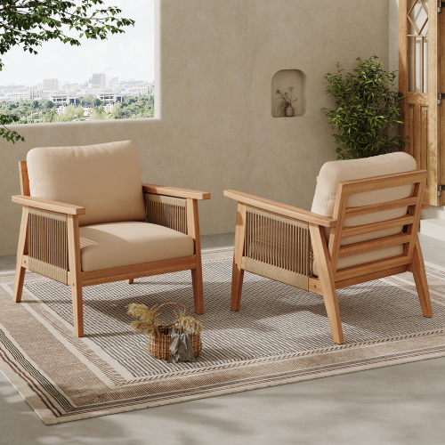 Teak Beige Acacia Wood & Rope Outdoor Patio Chairs with Cushions, Set of 2