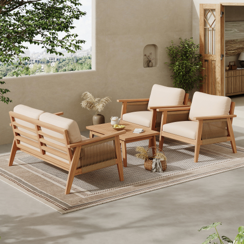 4-Piece Teak & Beige Acacia Wood Rope Patio Sectional Sofa Set