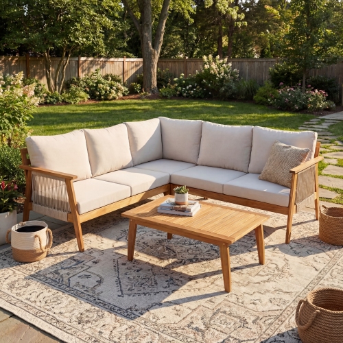 4-Piece Teak Beige Acacia Wood and Rope Patio Corner Sectional Set