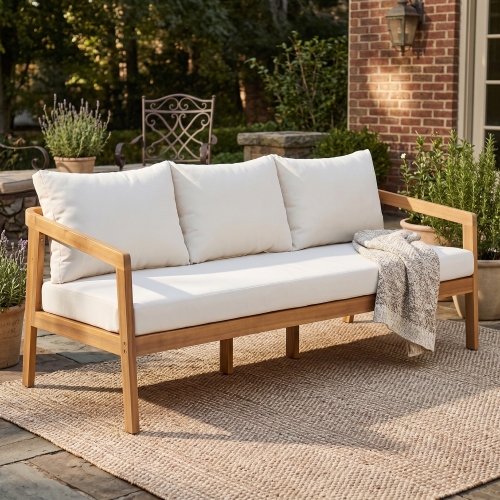Natural Acacia Wood 3-Seat Patio Sofa with Beige Waterproof Fabric