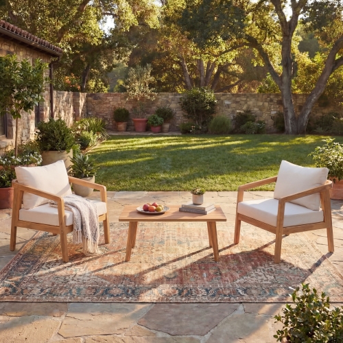 3-Piece Natural Acacia Wood Chair Set, Beige Waterproof Cushions