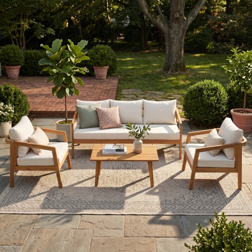 Natural 5-Seater Acacia Wood Patio Chat Set, 73.23-Inch, Waterproof Fabric