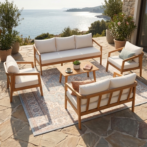 Beige & Natural Acacia Wood 7-Seat Outdoor Patio Conversation Set
