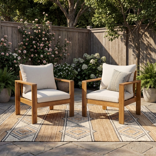2 Grey Acacia Wood Patio Chairs, 77 x 27 x 29 In., Waterproof Cushions