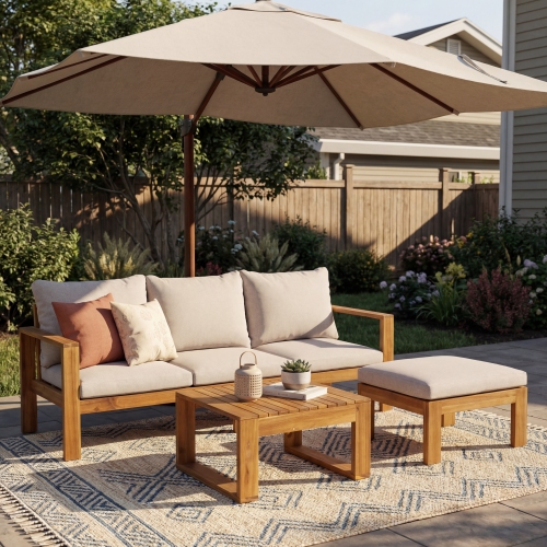 77-Inch Grey 3-Piece Acacia Wood Outdoor Sectional Sofa Set