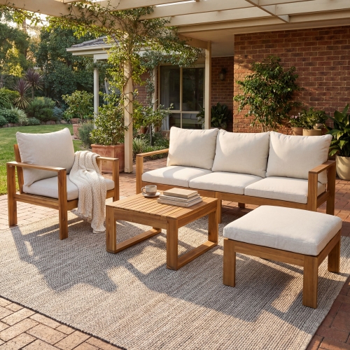 77-Inch Grey 4-Piece Acacia Wood Outdoor Sectional Sofa Set