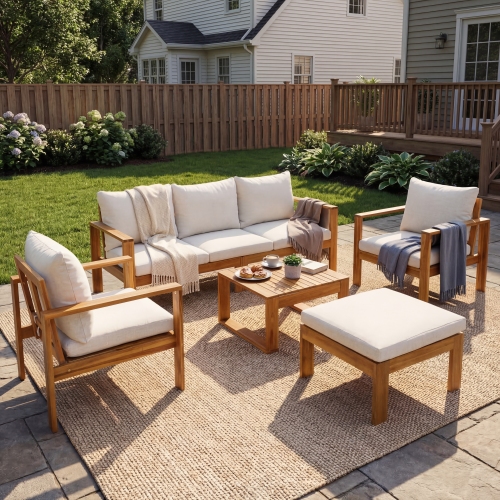 5-Piece Grey Acacia Wood Outdoor Sectional Patio Sofa Set
