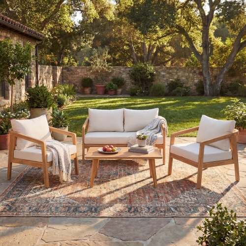 Natural Acacia Wood 4-Seat Patio Chat Set with Beige Cushions
