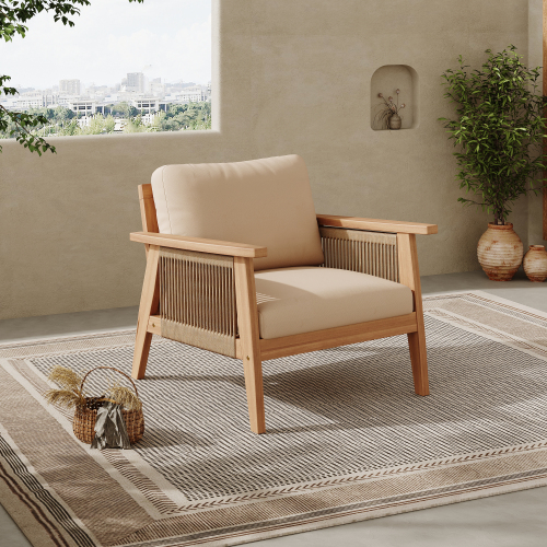 Single Teak Beige Acacia Wood and Rope Patio Chair with Cushions