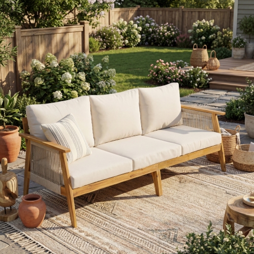 Teak+ Beige 49.21-Inch 3-Seat Acacia Wood, Rope & Waterproof Fabric Sofa