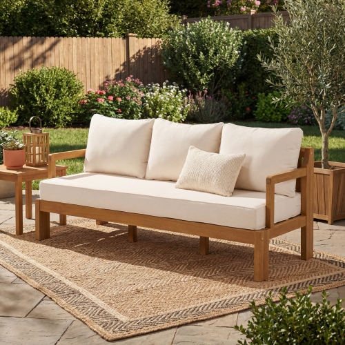 Natural Acacia Wood 3-Seat Patio Sofa with Waterproof Fabric
