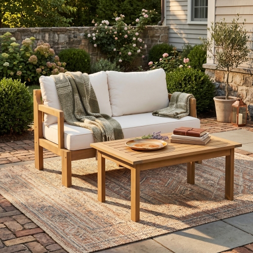 Natural Acacia Wood 2-Piece Patio Chat Set with Waterproof Fabric