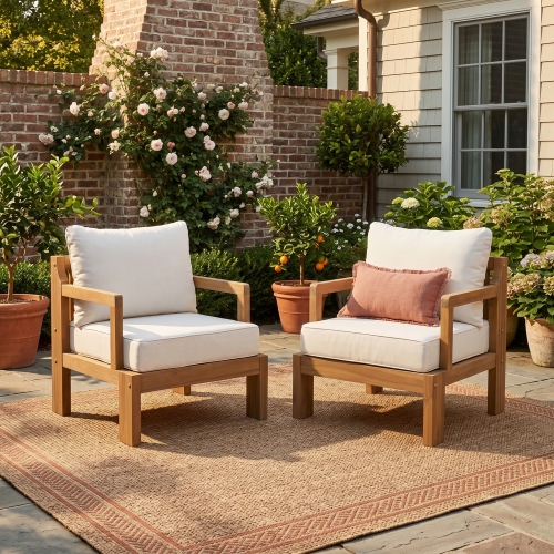 Natural Acacia Wood Patio Chairs with Waterproof Fabric, Set of 2