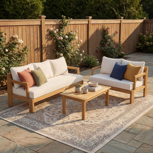 Natural Acacia Wood 5-Seat Patio Chat Set with Beige Cushions