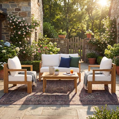 4-Seat Beige and Natural Acacia Wood Outdoor Patio Chat Set