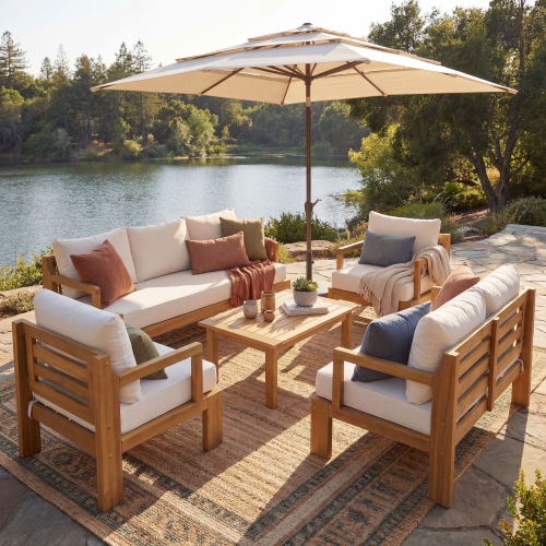Natural Acacia Wood 7-Seat Outdoor Patio Chat Set with Beige Fabric